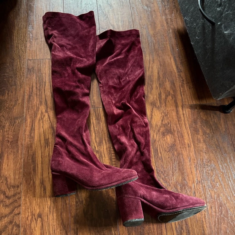 Burgundy Suede High Heeled Boots